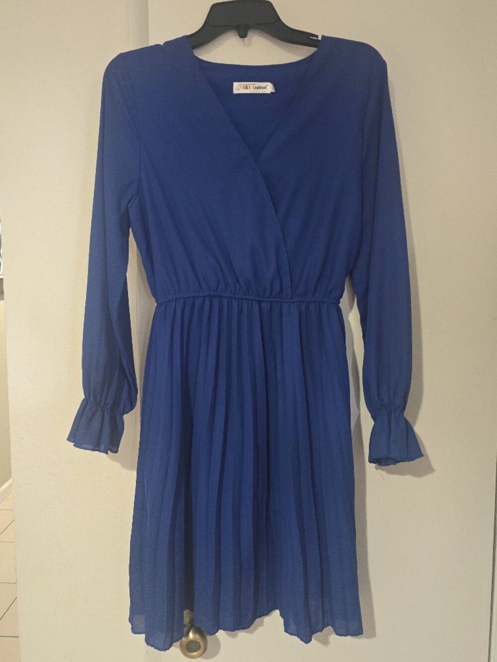 BBX Lephsnt Royal Blue Pleated Long Sleeve Wrap Dress Women's M